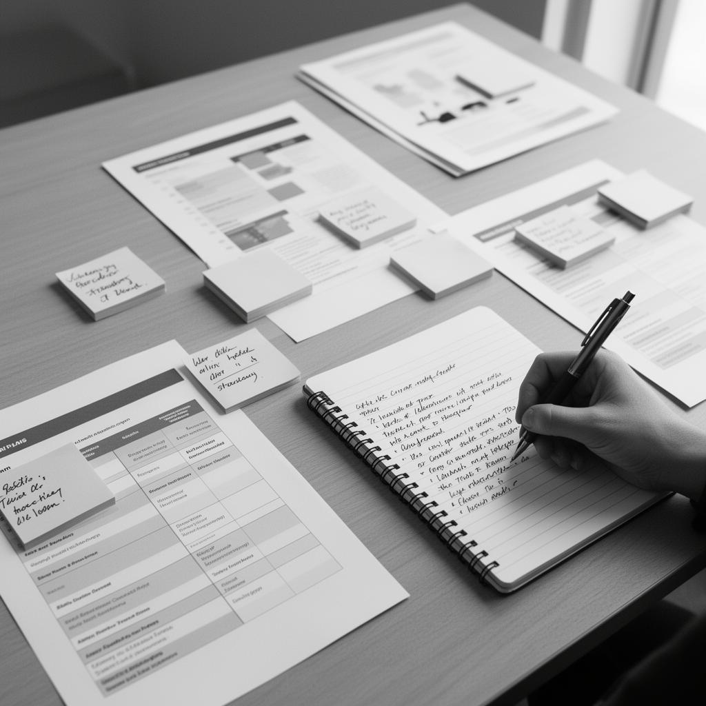 Media plan notes and briefs on a desk