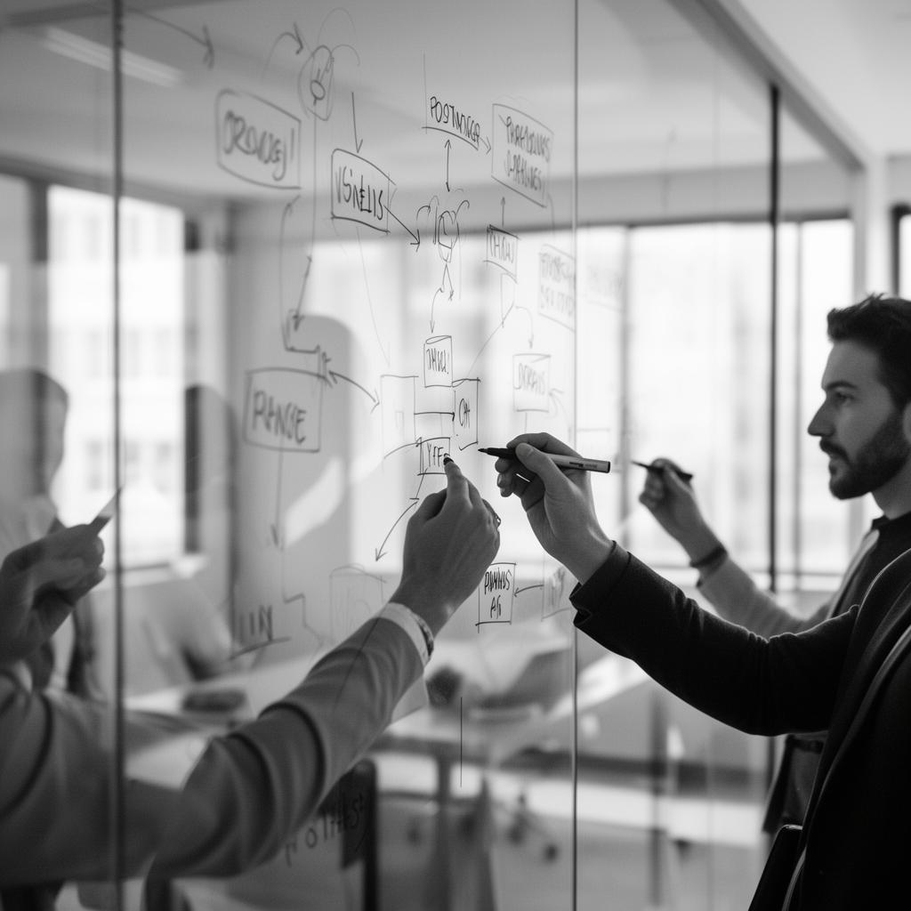 Strategy team mapping a media framework on a glass wall